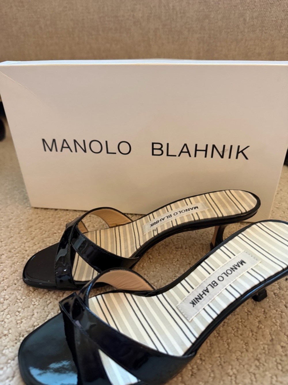 Manolo Blahnik Black Patent Leather Strappy Kitten Heels